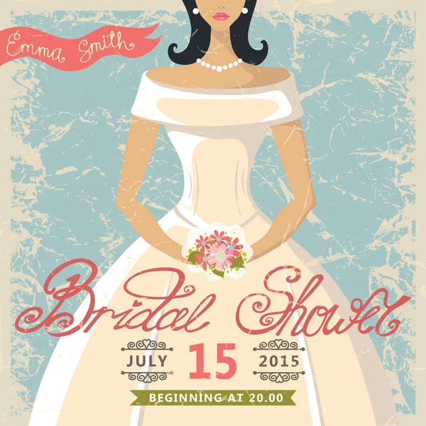 Retro Bridal shower invitation.Bride in white dress — Stock Photo, Image