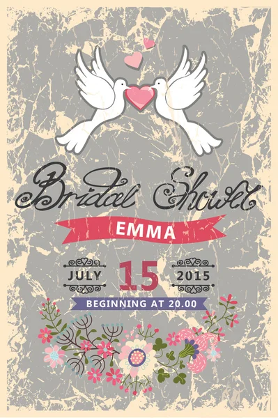 Retro Bridal shower invitation.Pigeons, ribbon, flowers — стоковое фото