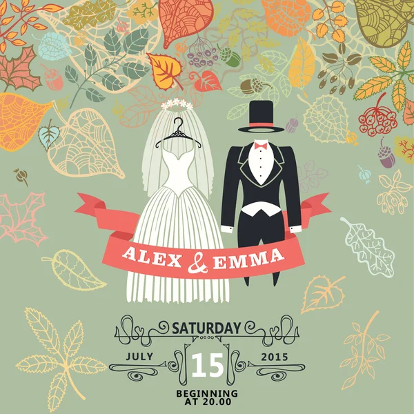 Hochzeitseinladung, Hochzeitskleidung, Herbstblätter — Stockfoto