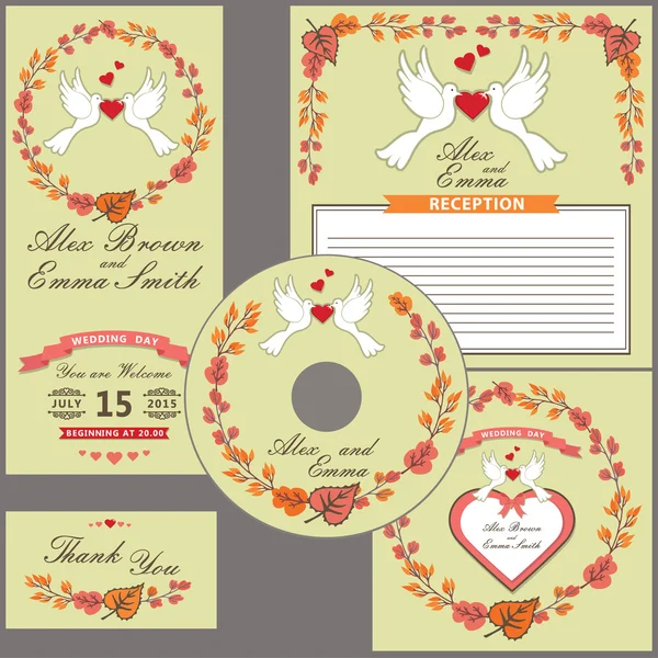 Wedding design  template set.Pigeons,autumn wreath