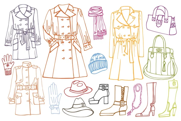 Ženské oblečení sada. Podzimní, zimní, jarní nošení. Obrys — Stock fotografie