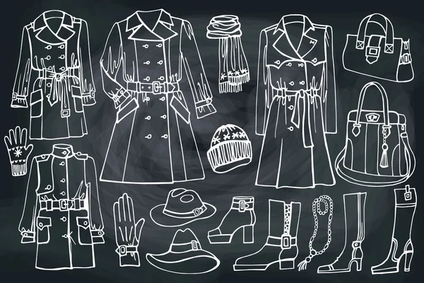 Female clothes set.Fashion wear Sketchy on chalkboard — Stock Photo, Image