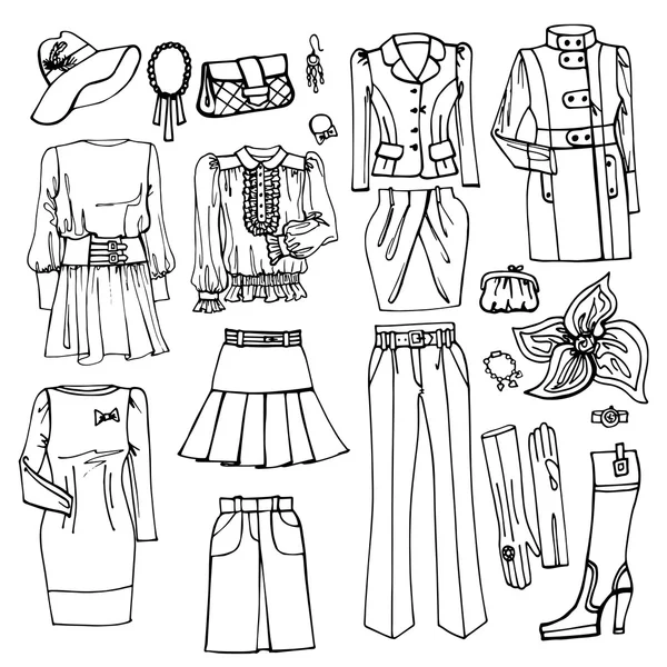 Outline Sketch.Set di abbigliamento e accessori da donna — Foto Stock