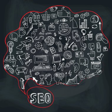 SEO kavramı Speak kabarcığın simgelerle doodle. Yazı tahtası