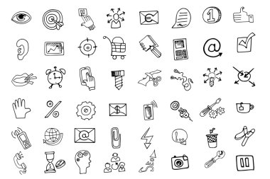Doodle iş seo simgeler kümesi. Anahat yarım yamalak