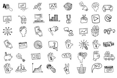 Doodle iş seo simgeler kümesi. Anahat yarım yamalak