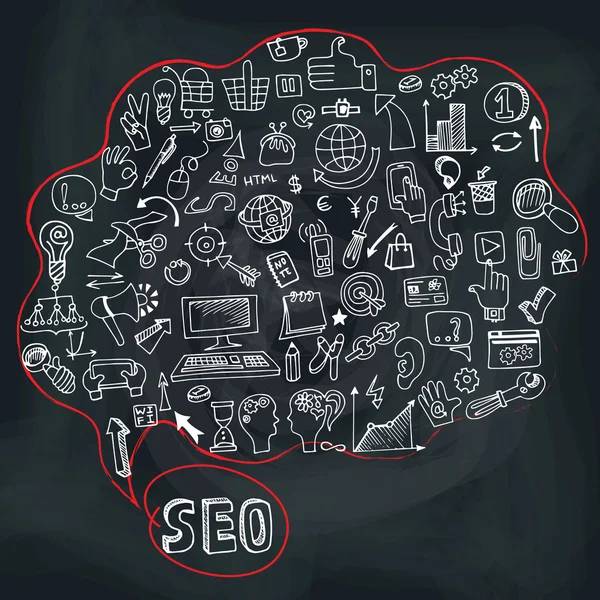 Doodle seo concept with icons in Speak bubble.Chalkboard — Stock Photo, Image