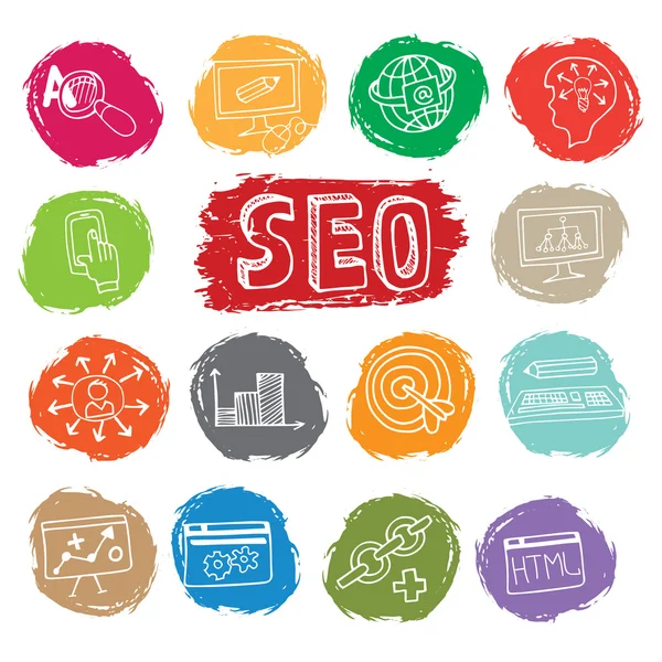 Doodle business seo icons set on colored spot — Stock Photo, Image