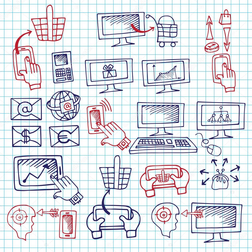 Doodle scheme seo communication with icons.Notepaper