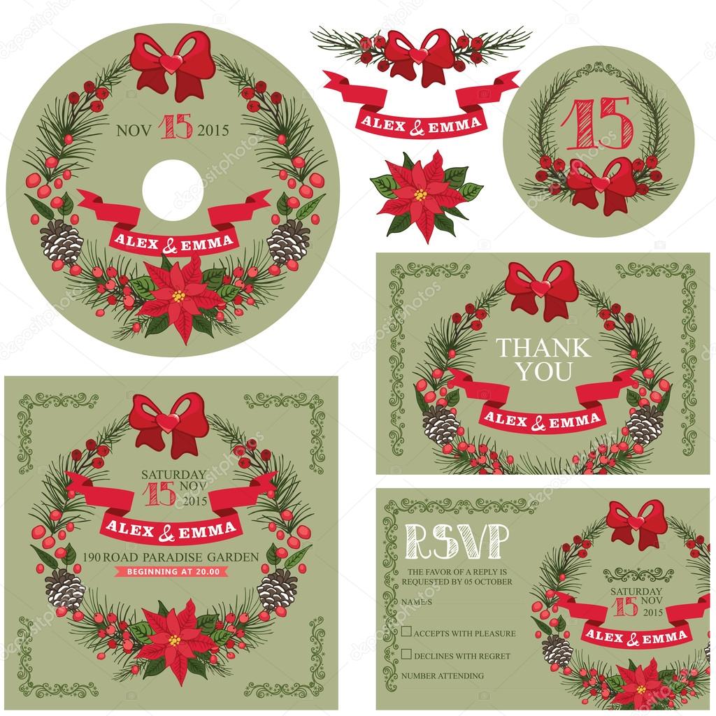 Winter wedding template set with christmas wreath