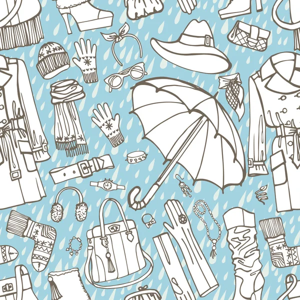 Samice oblečení, doplňky, déšť bezešvé pattern — Stock fotografie