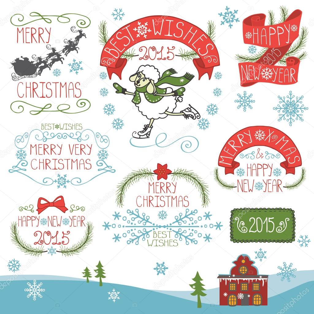 Vintage Doodles Merry Christmas New Year Calligraphic And Typographic badges labels With Chalk Word Art ribbons snowflakes swirls spruce Sheep year