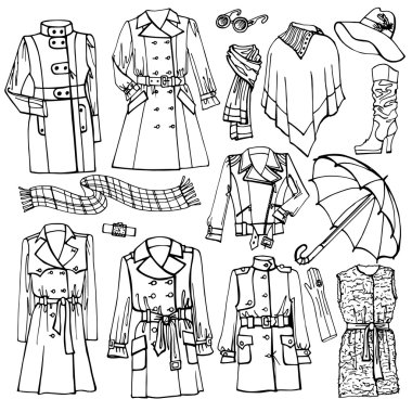 Females outerwear, accessories set clipart