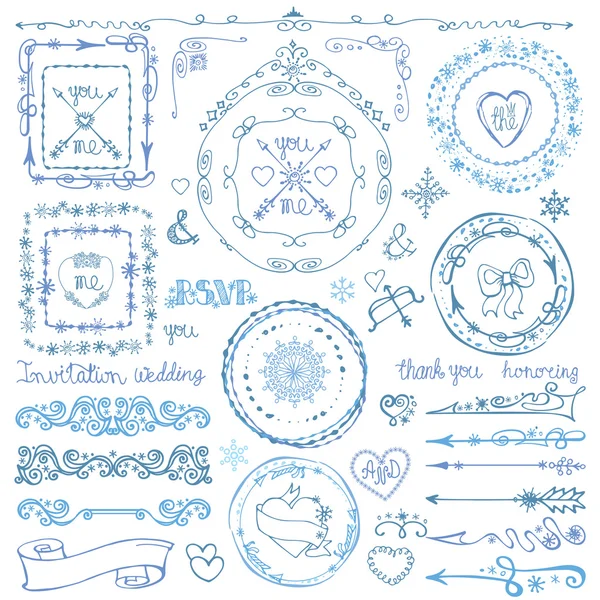Winter doodle decor set.Frame, ribbon, Border.Hand drawn — стоковое фото
