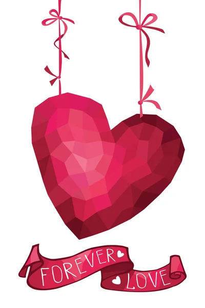Polygons pink heart with ribbon. — Stock Photo, Image