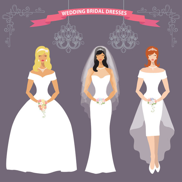 Three bride in long Wedding dresses.