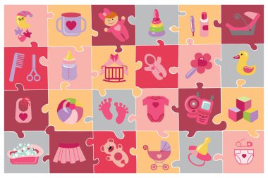 Yeni doğan bebek kız Icons set.