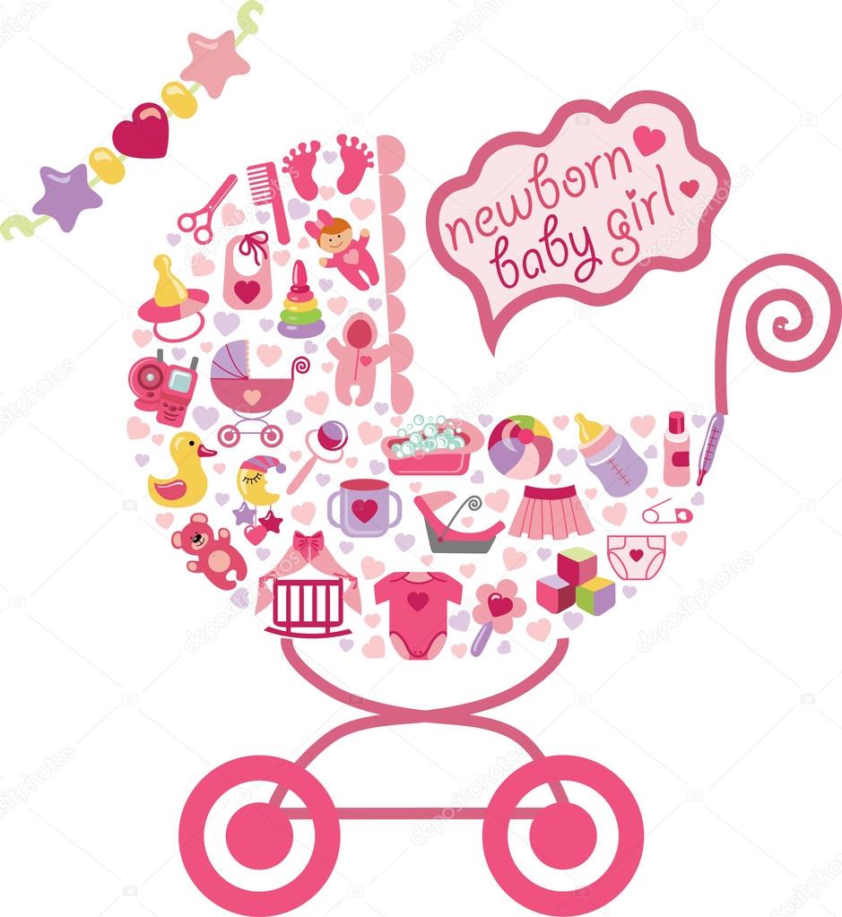 Newborn Baby girl icons in carriage