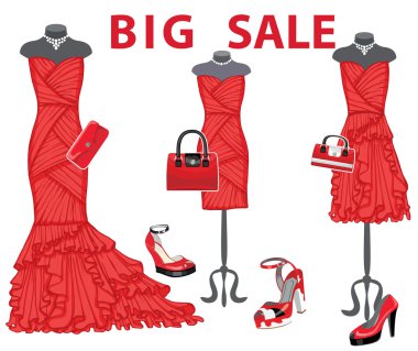 üç kırmızı kokteyl elbise aksesuarları ile