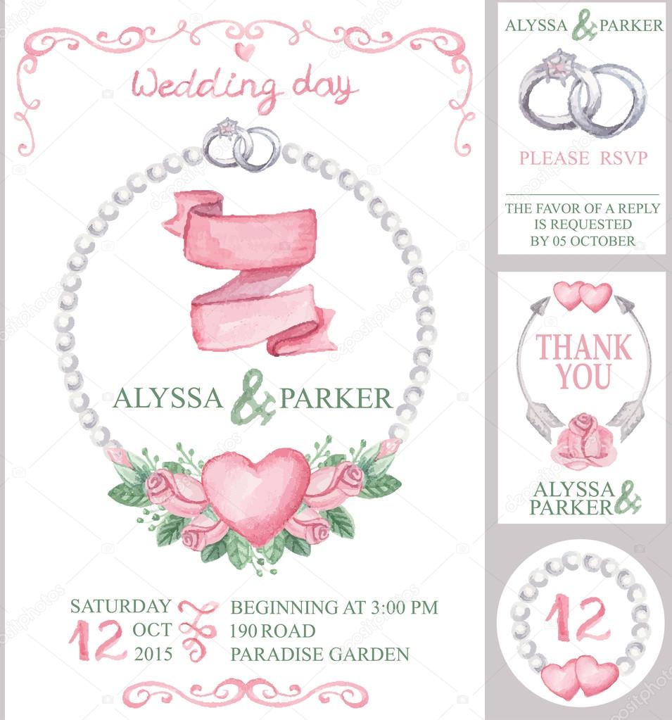 Watercolor wedding invitation set.