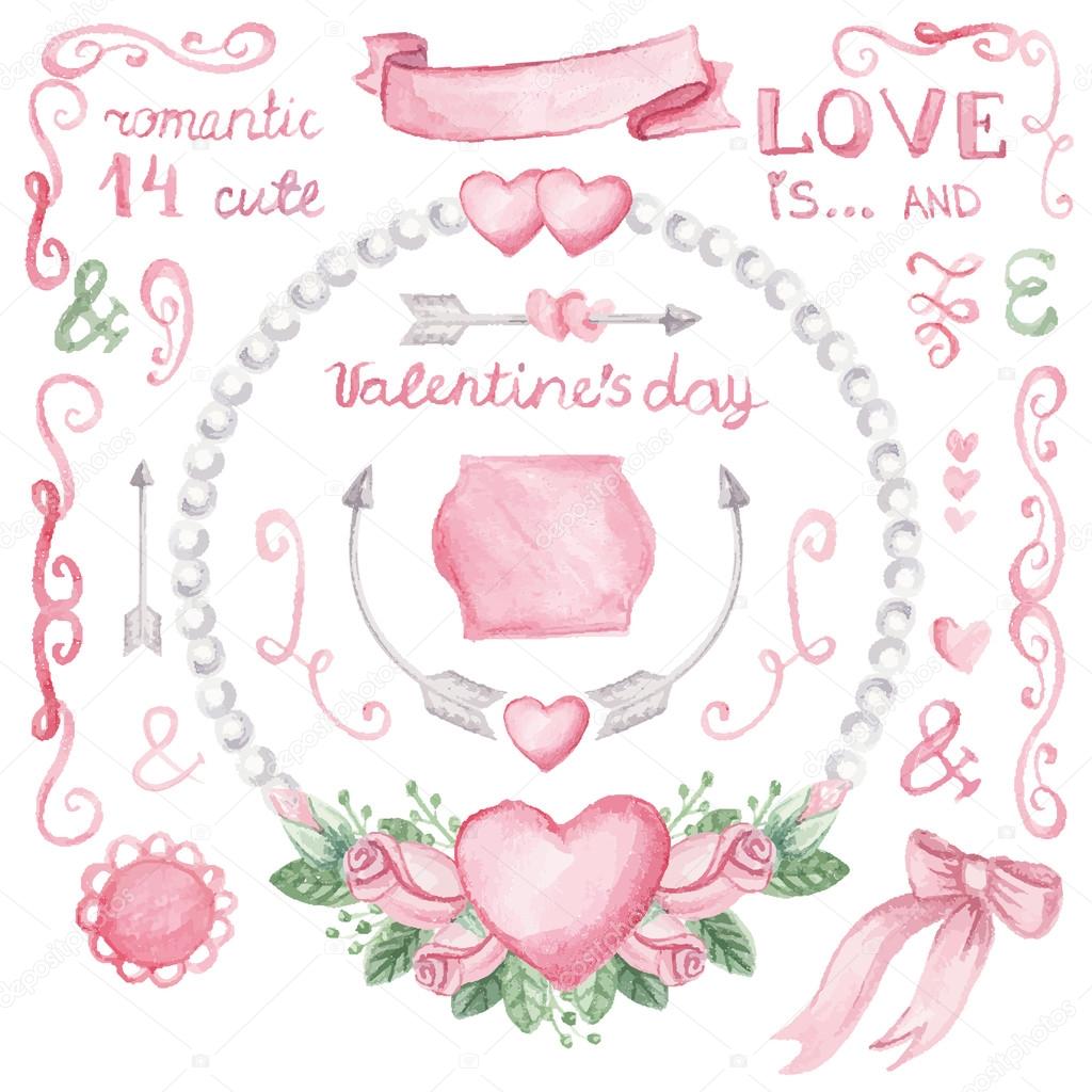 Watercolor Valentine's day  set.