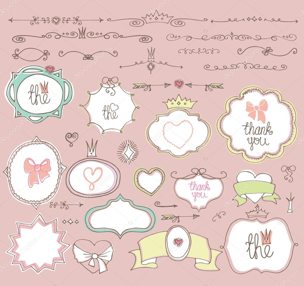 Colorato doodles etichette badge freccia e cuori corona elementi di arredo di amore impostato confina con carta inviti di dividersr Pro tazione