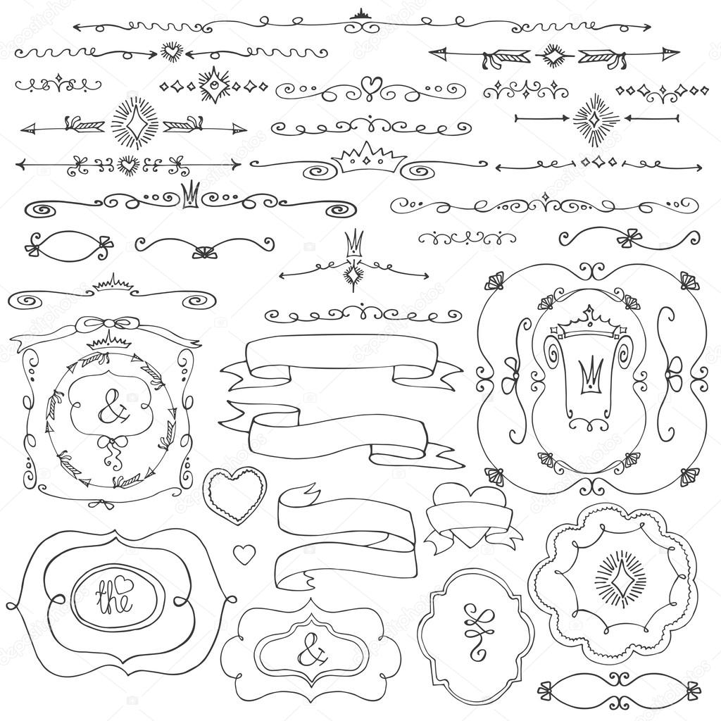 Colorato doodles etichette badge freccia e cuori corona elementi di arredo di amore impostato confina con carta inviti di dividersr Pro tazione