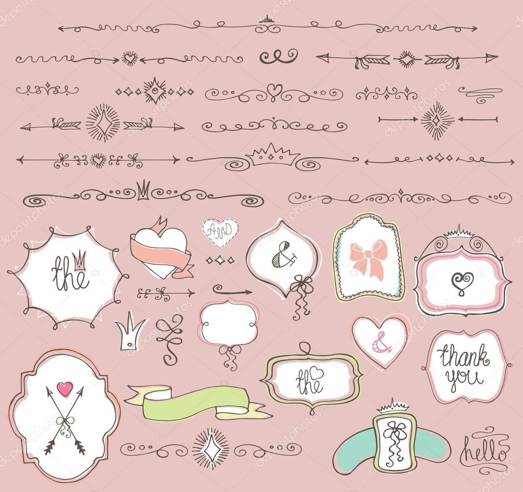 Colorato doodles etichette badge freccia e cuori corona elementi di arredo di amore impostato confina con carta inviti di dividersr Pro tazione