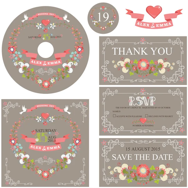 Wedding template set with floral wreath — Stock Photo, Image