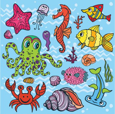Çizgi film doğrusal deniz hayat Doodle