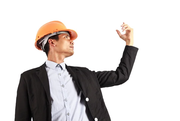 Constructor profesional con casco y mano aparecen. hombre ver v —  Fotos de Stock