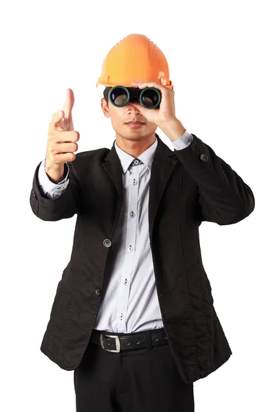 Profesyonel Oluşturucusu giyen kask ve el sırıtmak. adam bkz: v — Stok fotoğraf