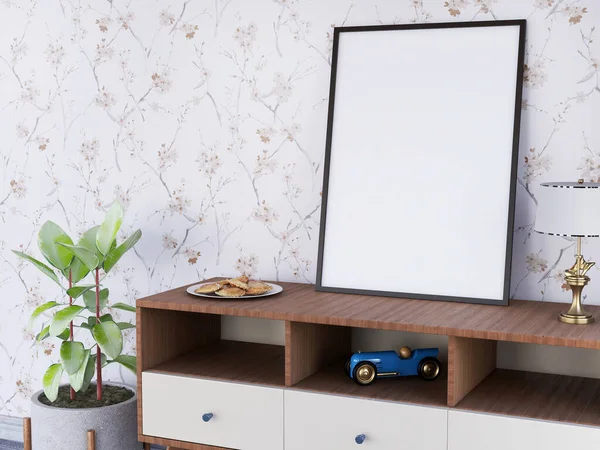 Masadaki Boş Fotoğraf Çerçevesi Modeli. 3 Boyutlu Hazırlama, 3 Boyutlu Resim.