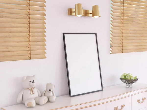 Masadaki Boş Fotoğraf Çerçevesi Gerçekçiliği. 3 Boyutlu Hazırlama, 3 Boyutlu Resim.