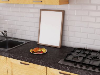 Mutfakta boş fotoğraf çerçevesi modeli var. 3 Boyutlu Hazırlama, 3 Boyutlu Resim.