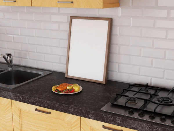 Mutfakta boş fotoğraf çerçevesi modeli var. 3 Boyutlu Hazırlama, 3 Boyutlu Resim.