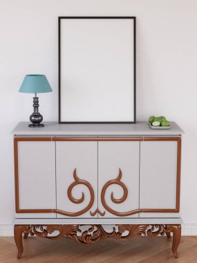 Masadaki Boş Fotoğraf Çerçevesi Modeli. 3 Boyutlu Hazırlama, 3 Boyutlu Resim.