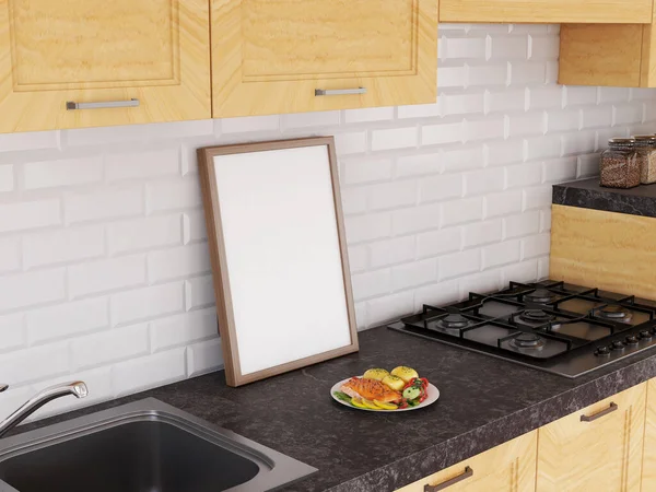 Mutfakta boş fotoğraf çerçevesi modeli var. 3 Boyutlu Hazırlama, 3 Boyutlu Resim.