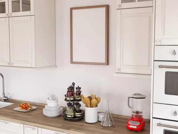 Blank Photo Frame Mockup in the kitchen. 3D Rendering, 3D illustration.