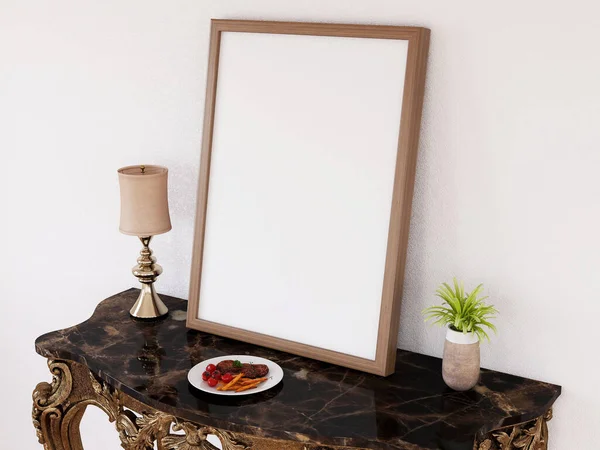 Masadaki Boş Fotoğraf Çerçevesi Modeli. 3 Boyutlu Hazırlama, 3 Boyutlu Resim.