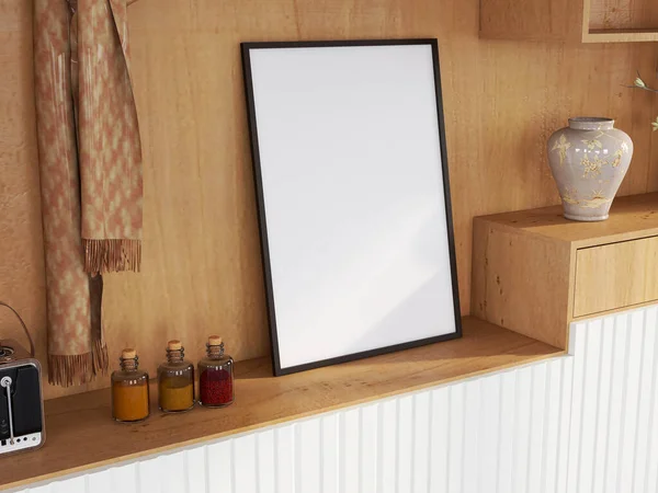 Masadaki Boş Fotoğraf Çerçevesi Modeli. 3 Boyutlu Hazırlama, 3 Boyutlu Resim.