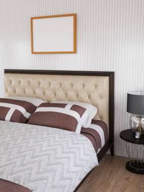 Yatak odasında fotoğraf çerçevesi modeli var. 3 Boyutlu Hazırlama, 3 Boyutlu Resim.