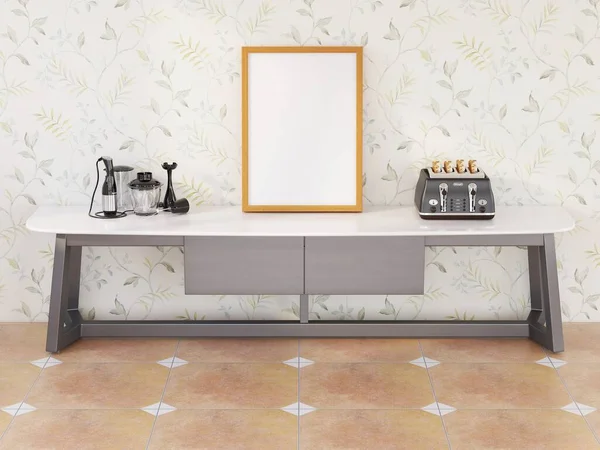 Masanın üzerindeki fotoğraf çerçevesi modeli. 3 Boyutlu Hazırlama, 3 Boyutlu Resim.