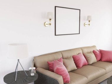 Fotoğraf Frame Mockup Gerçekçi Oturma Odasında. 3 Boyutlu Hazırlama, 3 Boyutlu Resim.