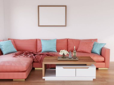 Fotoğraf Frame Mockup Gerçekçi Oturma Odasında. 3 Boyutlu Hazırlama, 3 Boyutlu Resim.