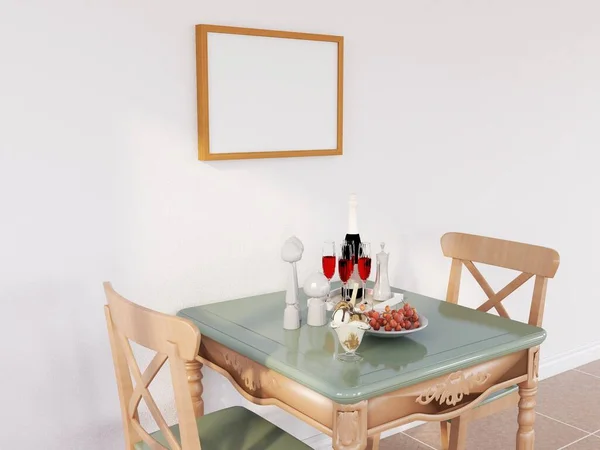 Yemek Odasında Fotoğraf Çerçevesi Gerçekçiliği. 3 Boyutlu Hazırlama, 3 Boyutlu Resim.