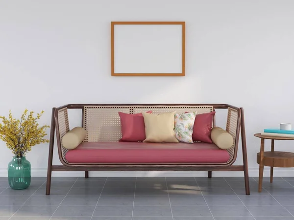 Fotoğraf Frame Mockup Gerçekçi Oturma Odasında. 3 Boyutlu Hazırlama, 3 Boyutlu Resim.