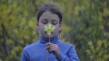 Bahar bir çocuk portre sarı nergis çiçek ile. Kendini beğenmiş çocuk çiçeği nergis kokulu. Çocuğun yüzü genç onun elinde bir çiçek ile.