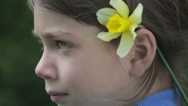 黄色いスイセンの花を春に男の子の肖像画。水仙の花の臭いがするうぬぼれが強い少年。彼女は手に花を持つ少年の顔のティーンエイ ジャー. — ストック動画