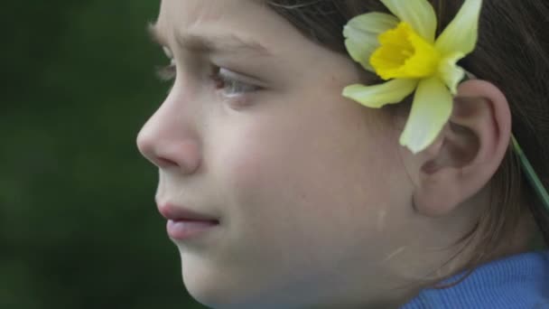 黄色いスイセンの花を春に男の子の肖像画。水仙の花の臭いがするうぬぼれが強い少年。彼女は手に花を持つ少年の顔のティーンエイ ジャー. — ストック動画